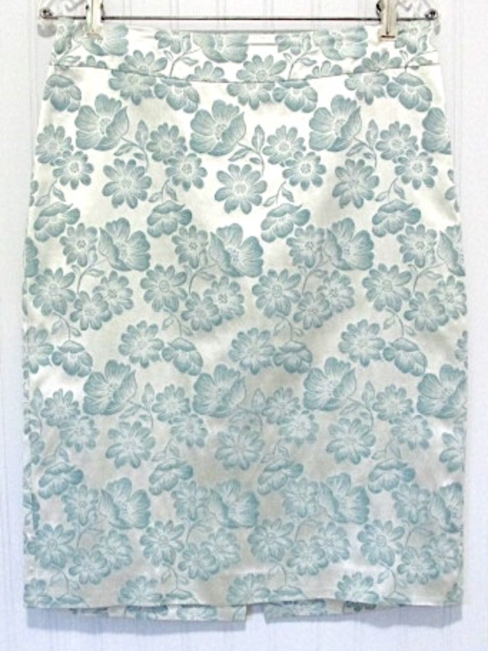 Banana Republic Aqua Silver Satin Floral Pencil Skirt, Size 8